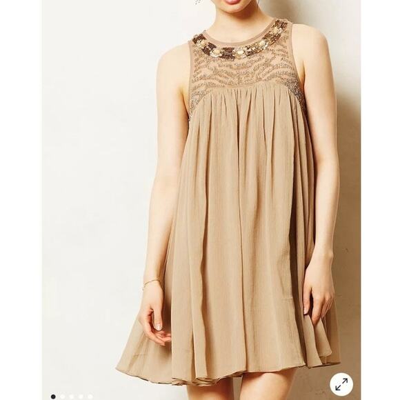 Anthropologie Dress Women's 4 Sonora Embellished Taupe Beaded Moulinette Soeurs - Picture 1 of 12